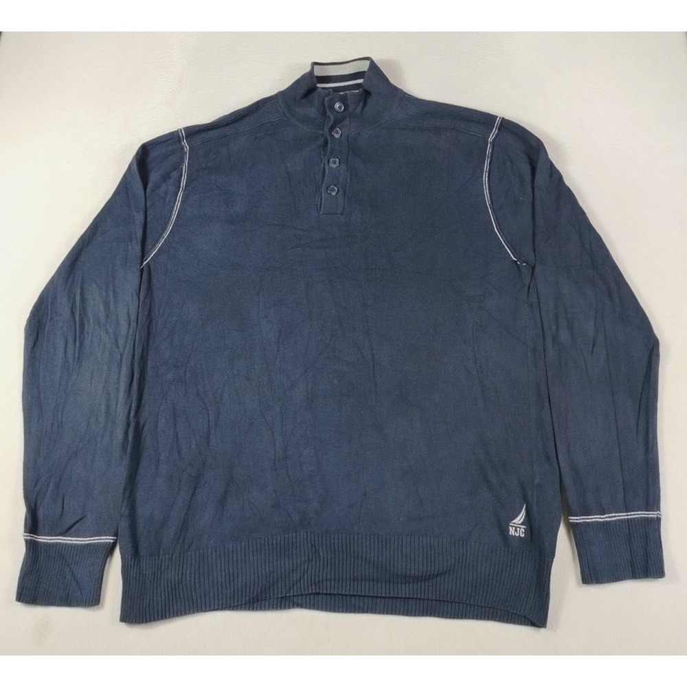 Nautica Jeans Co Sweater Mens Large Blue Henley Mock Neck Cotton Knit Preppy